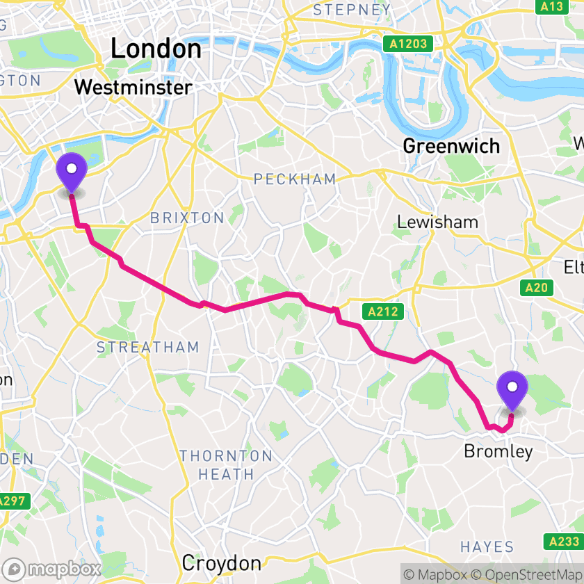 Map of the driving route from SW11 to BR1